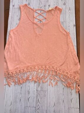 Crisscross Fringe Hem Sleeveless Top - Peach - size Small